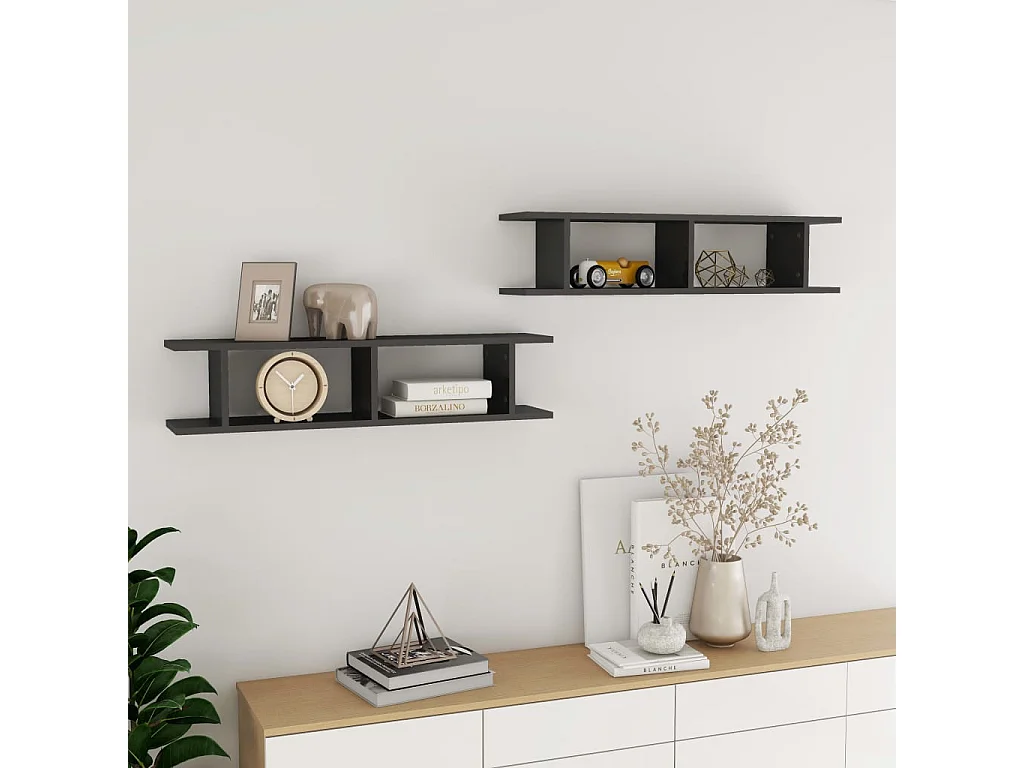 Estantes de pared 2 uds contrachapado gris brillante 90x18x20cm ES75903