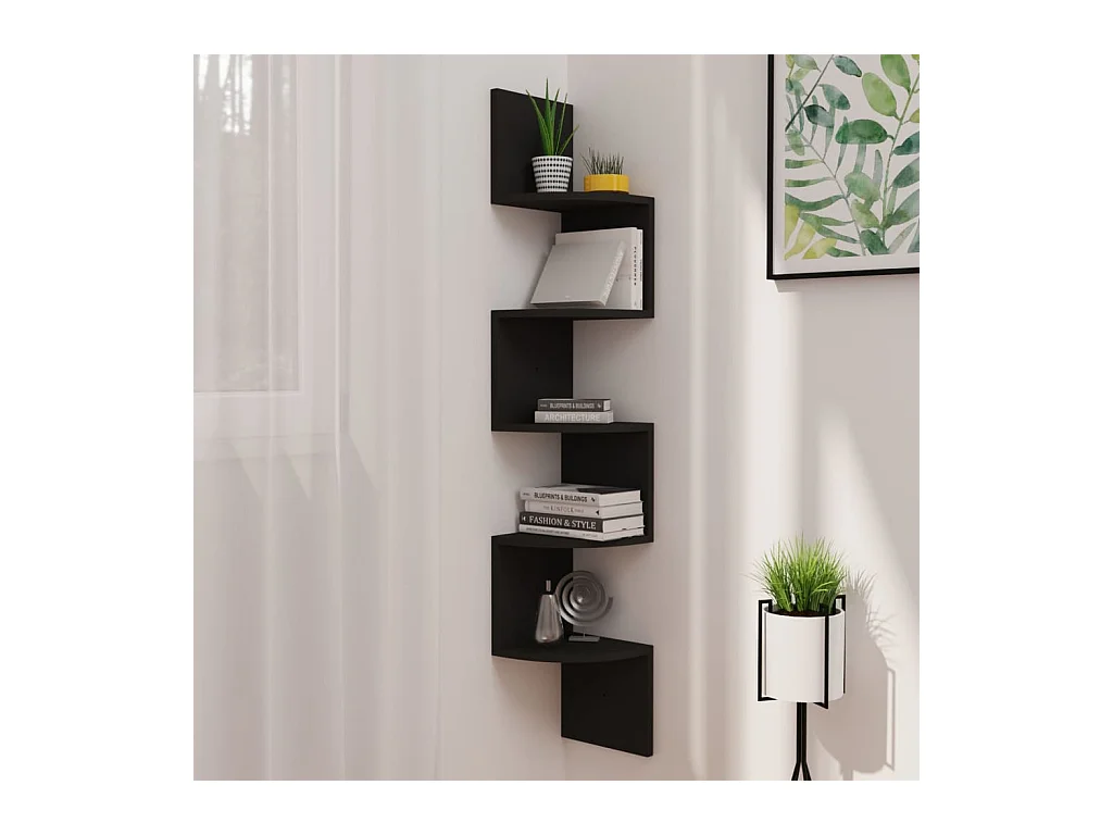 Étagère d'angle murale noir 19x19x123 cm bois d'ingénierie OFR96469 BonneVie Meuble