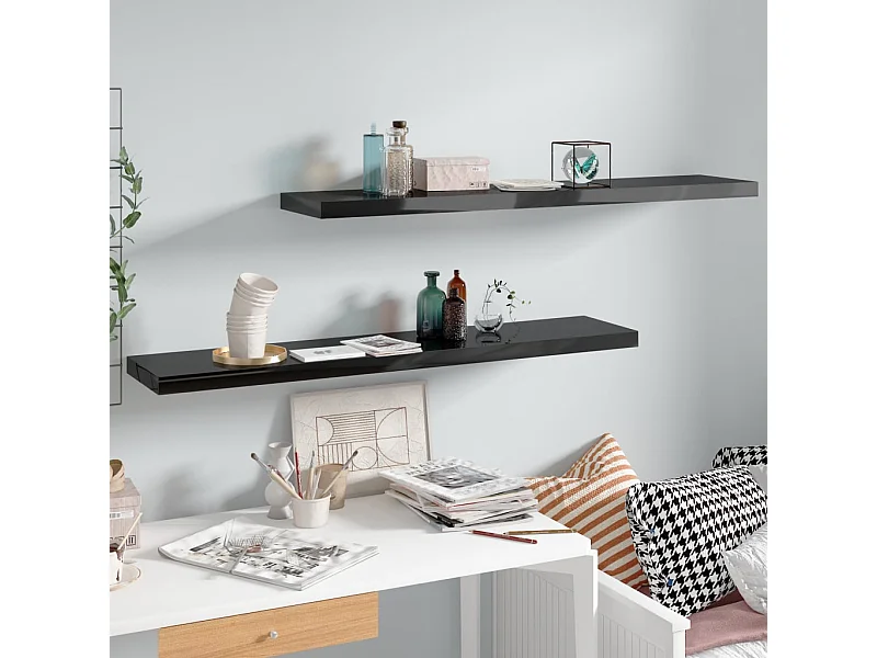 Estantes de pared pared 2 uds MDF negro brillo 120x23,5x3,8 cm ES25767