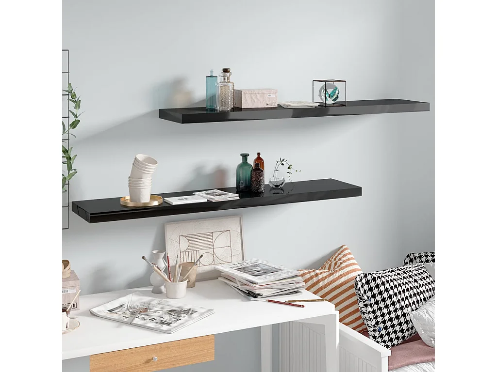 Estantes de pared pared 2 uds MDF negro brillo 120x23,5x3,8 cm ES25767