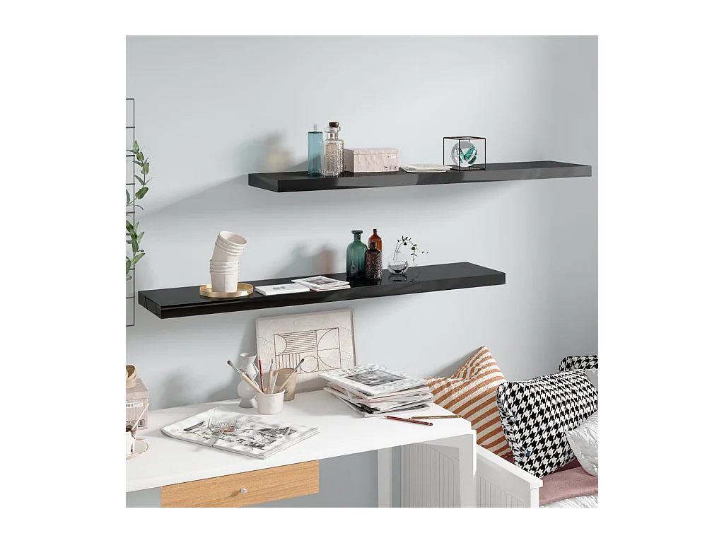 Étagère murale murale 2 pcs Noir brillant 120x23,5x3,8cm MDF OFR32745 BonneVie Meuble