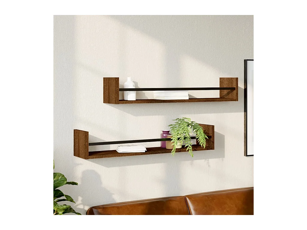 Étagères murales avec barres 2 pcs chêne marron 80x16x14 cm OFR88584 BonneVie Meuble