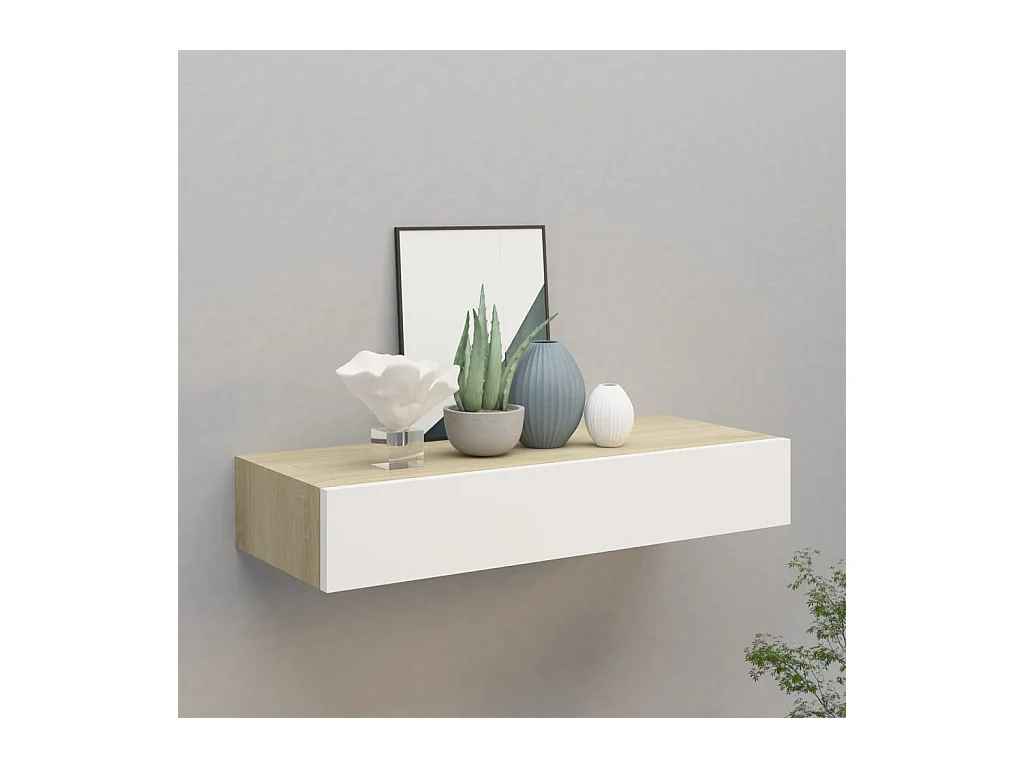 Étagère à tiroir murale chêne et blanc 60x23,5x10 cm MDF OFR11095 BonneVie Meuble