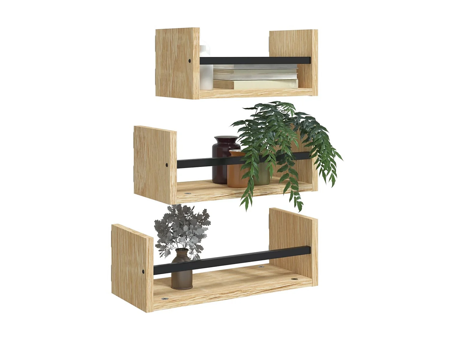 3-delige Wandschappenset met stangen bewerkt hout sonoma eiken NL605114