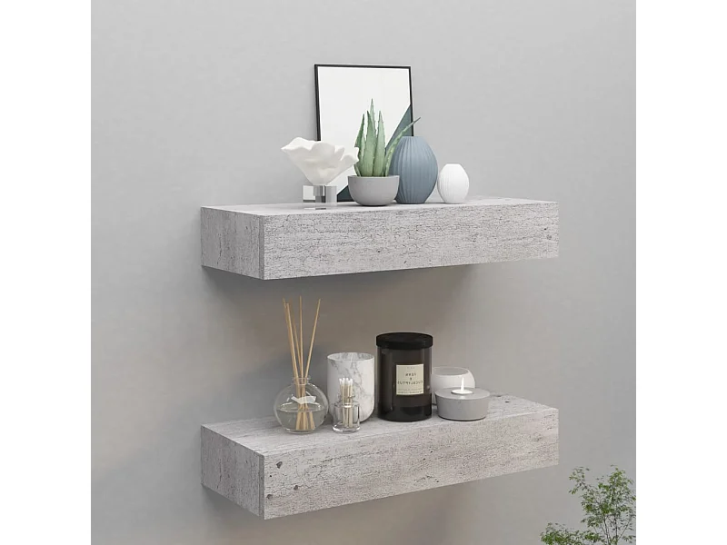 Étagères à tiroir murales 2 pcs Gris béton 60x23,5x10 cm MDF OFR62433 BonneVie Meuble