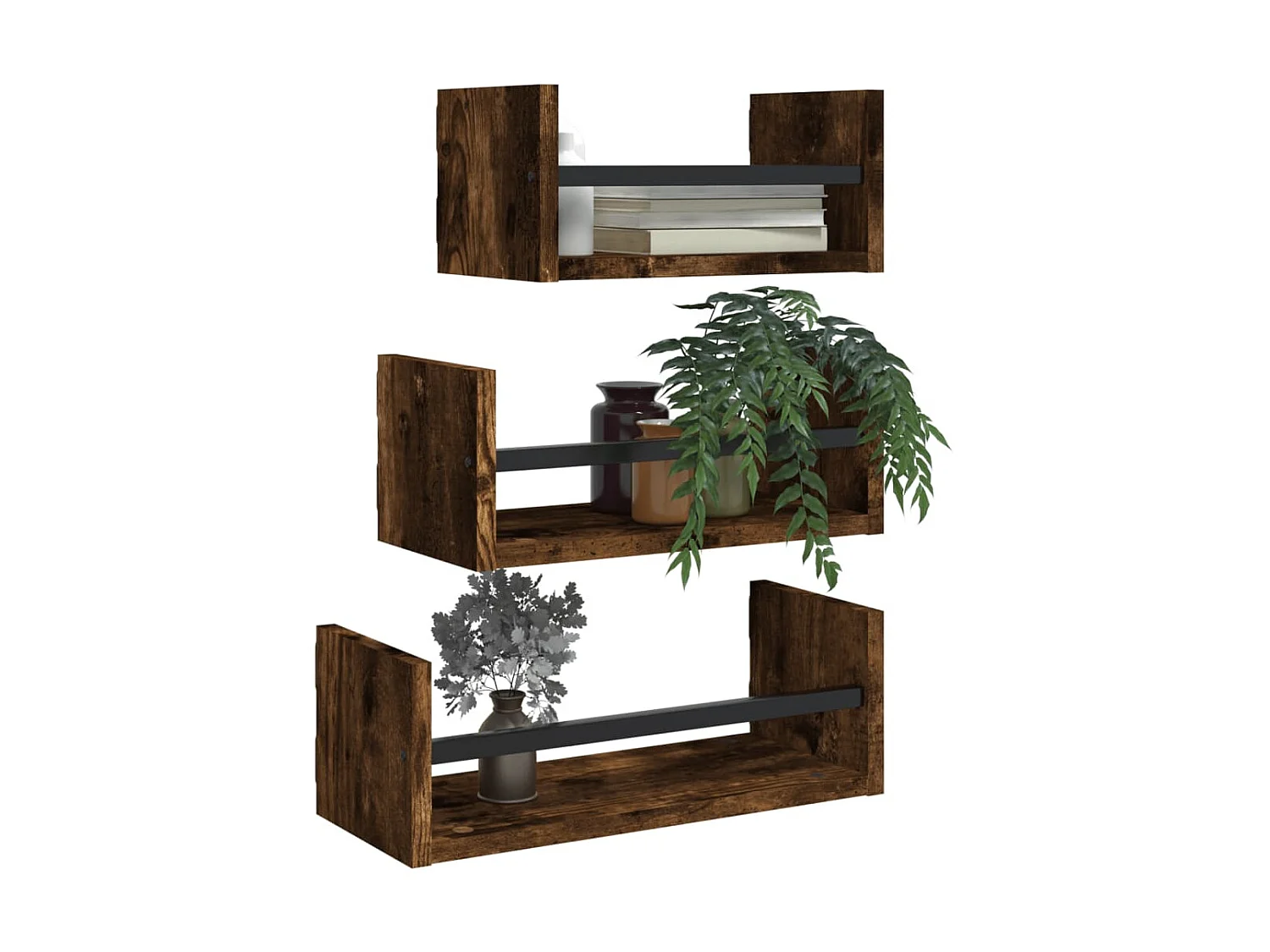 Ensemble d'étagères murales avec barres 3 pcs chêne fumé OFR19967 BonneVie Meuble