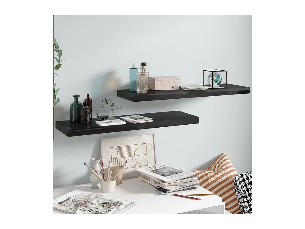 Étagère murale murale 2 pcs Noir brillant 80x23,5x3,8 cm MDF OFR23549 BonneVie Meuble