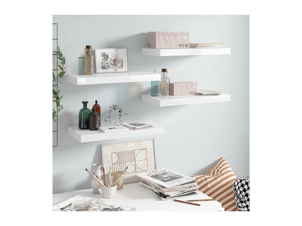 Étagère murale murale 4 pcs Blanc brillant 50x23x3,8 cm MDF OFR66151 BonneVie Meuble