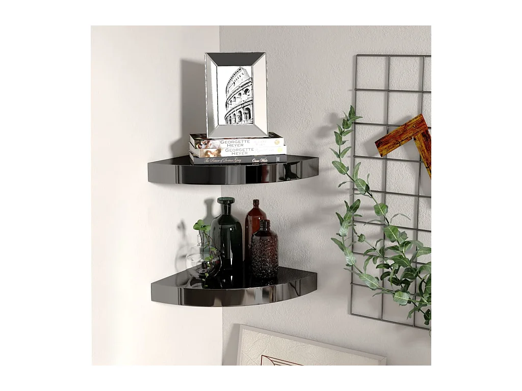 Étagères d'angle murales 2pcs noir brillant 25x25x3,8cm MDF OFR60686 BonneVie Meuble