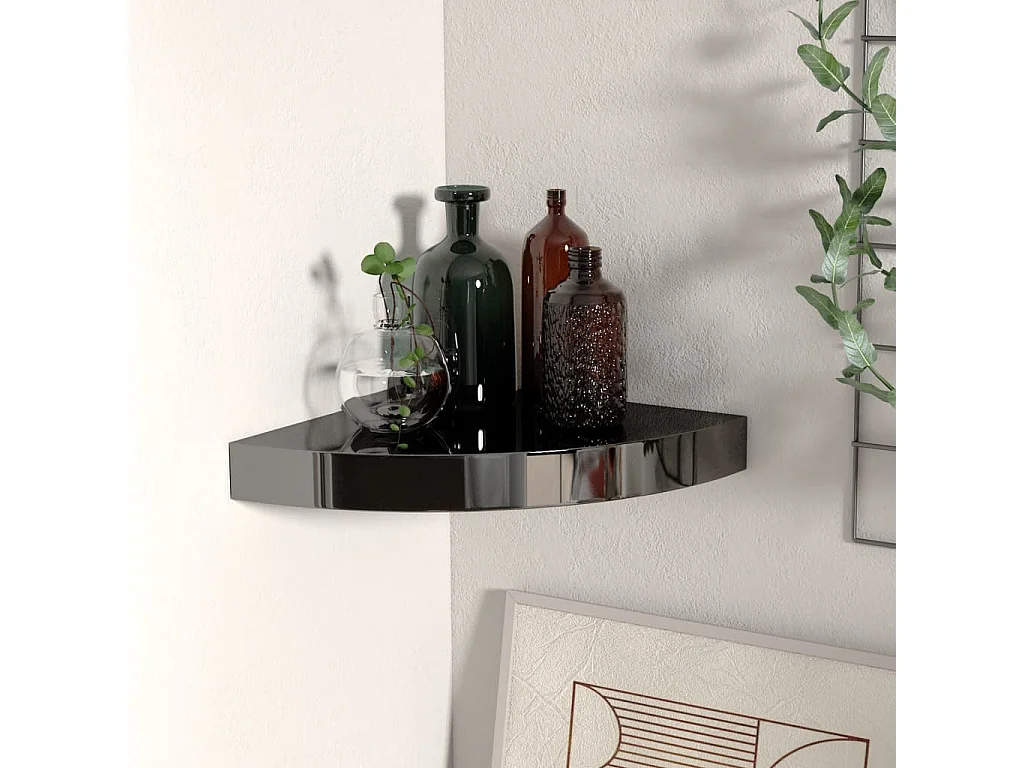 Estante de pared de esquina MDF negro brillo 25x25x3,8 cm ES50118
