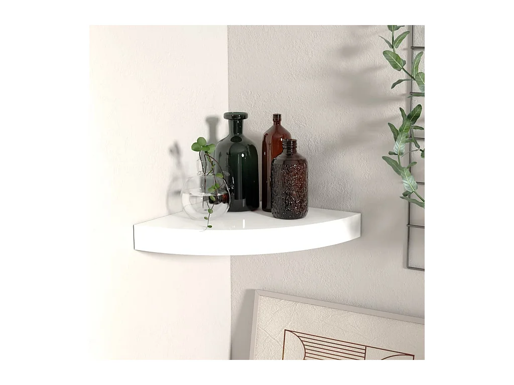 Étagère d'angle murale blanc brillant 25x25x3,8 cm MDF OFR80135 BonneVie Meuble