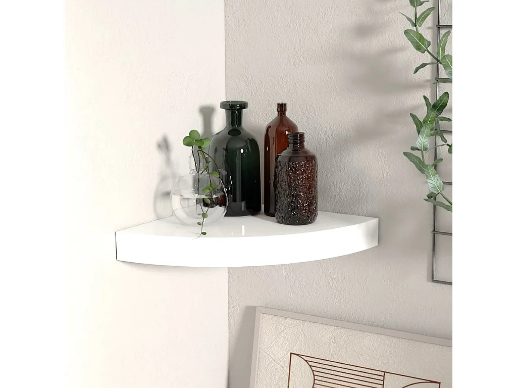 Étagère d'angle murale blanc brillant 25x25x3,8 cm MDF OFR80135 BonneVie Meuble