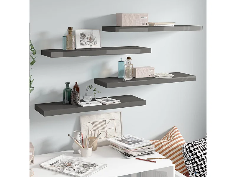 Wandschappen zwevend 4 st 80x23,5x3,8 cm MDF hoogglans grijs NL818883