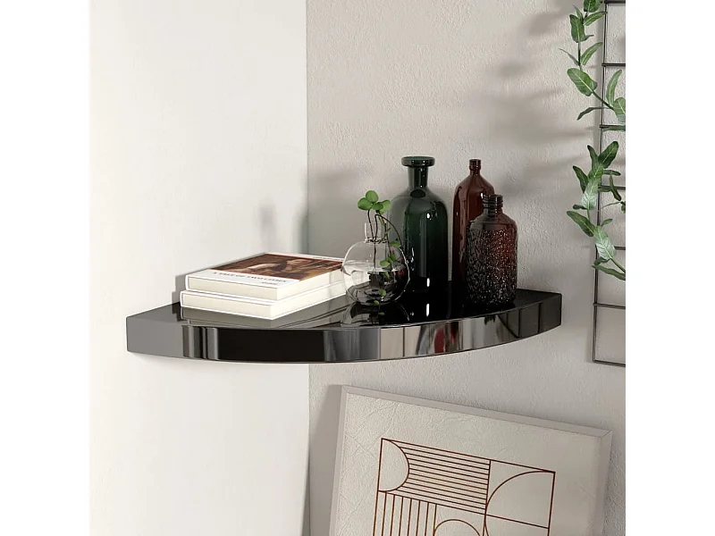 Prateleira de canto suspensa 35x35x3,8 cm MDF preto brilhante PT787573
