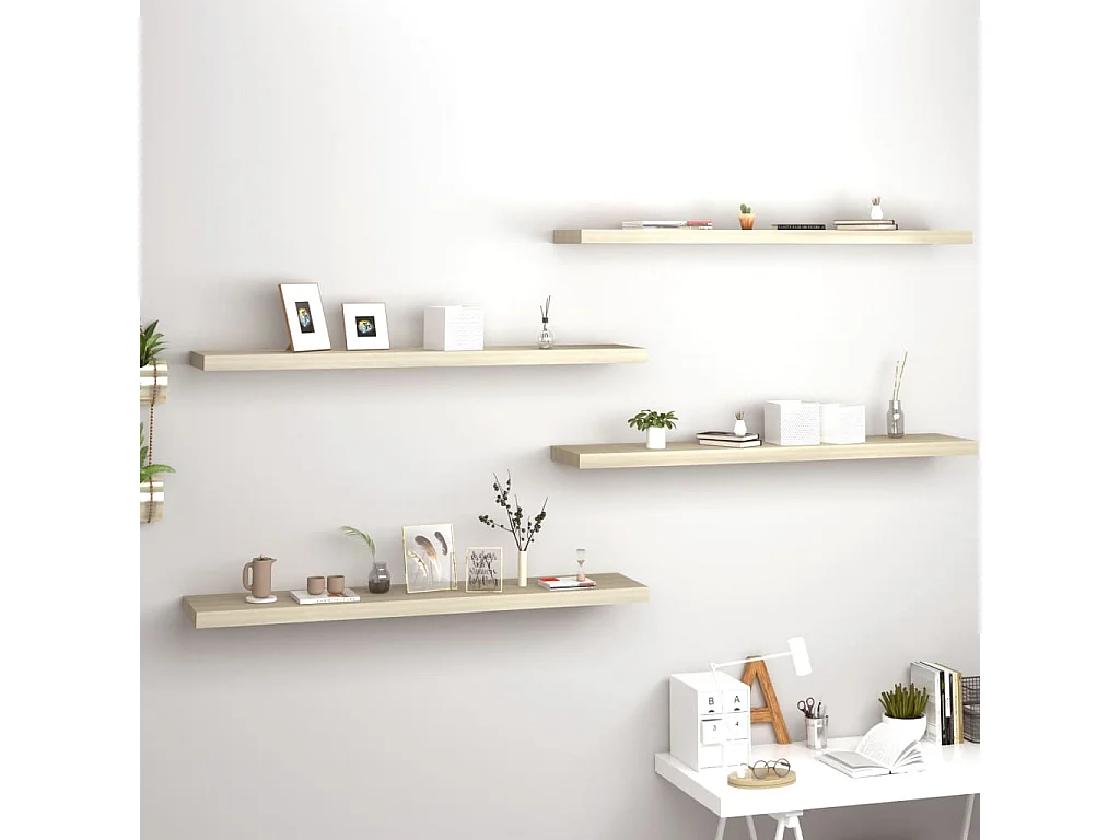 Estantes de pared pared 4 uds MDF color roble 120x23,5x3,8 cm ES99039