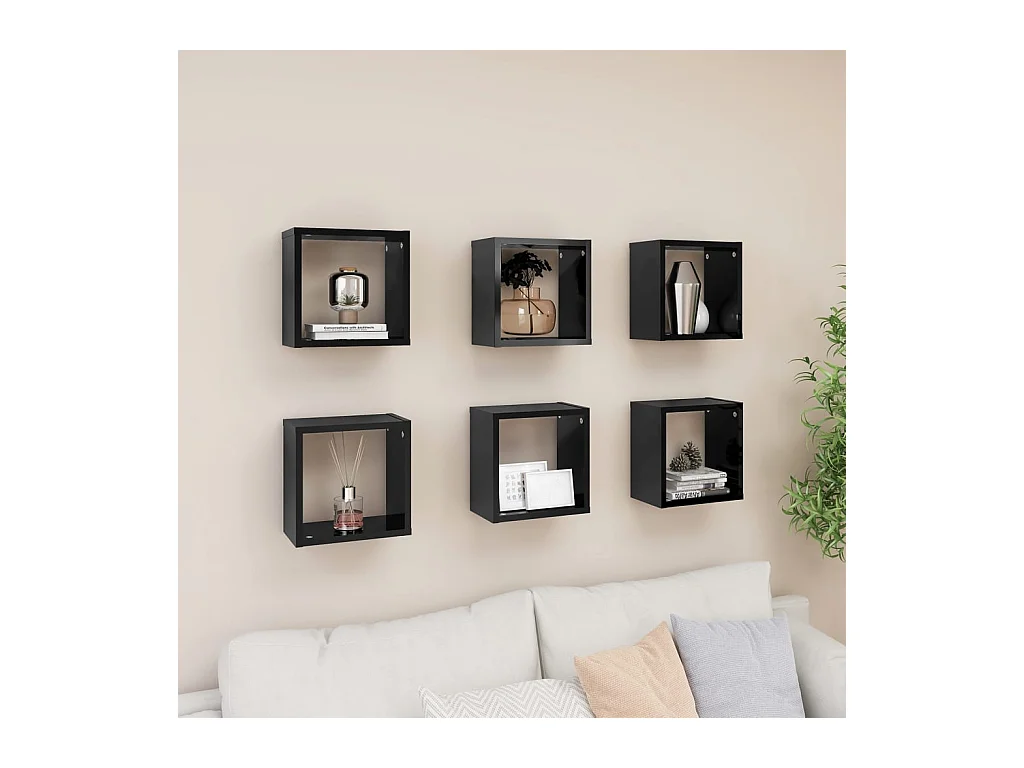 Étagères cube murales 6 pcs Noir brillant 26x15x26 cm OFR62786 BonneVie Meuble