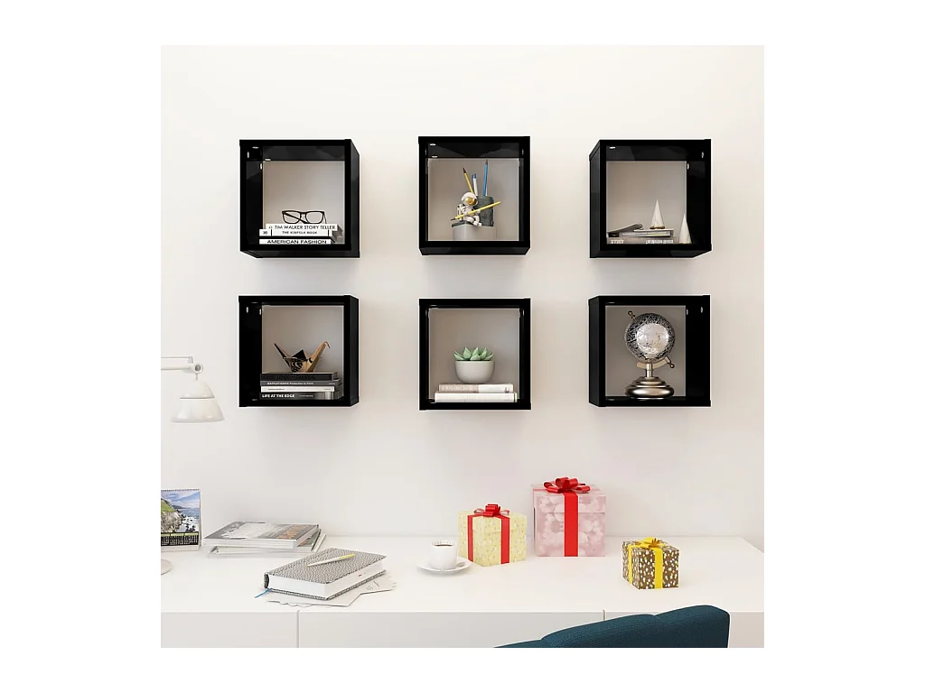 Wandschappen kubus 6 st 26x15x26 cm hoogglans zwart NL933196