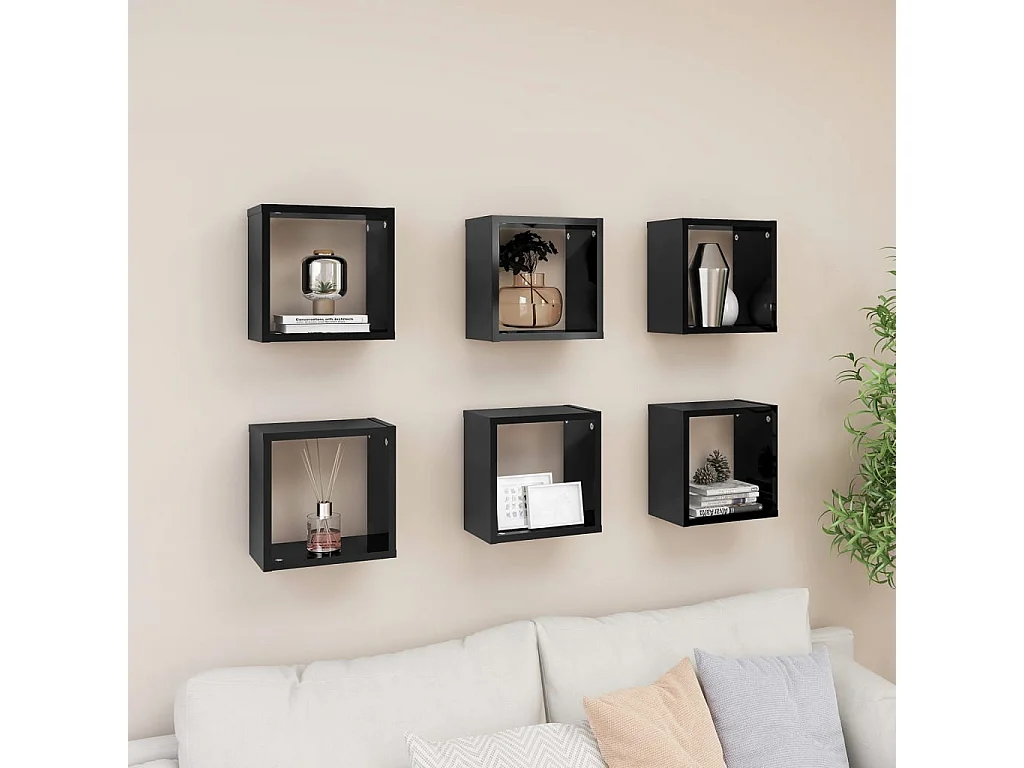 Étagères cube murales 6 pcs Noir brillant 26x15x26 cm OFR62786 BonneVie Meuble