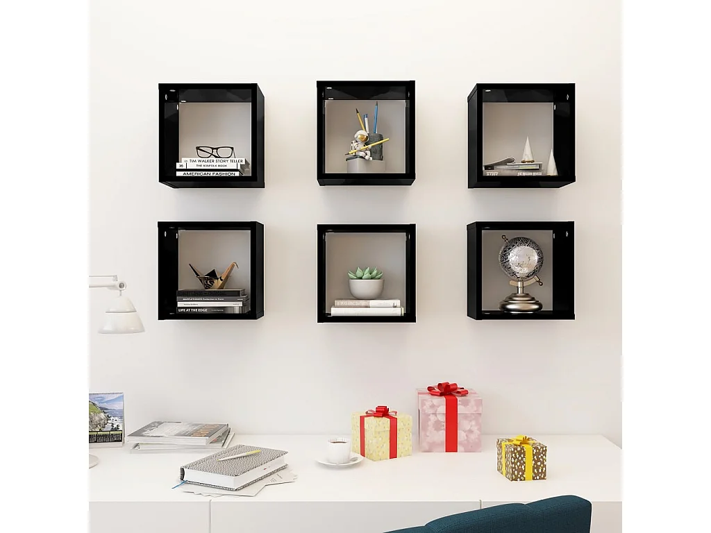 Étagères cube murales 6 pcs Noir brillant 26x15x26 cm OFR62786 BonneVie Meuble