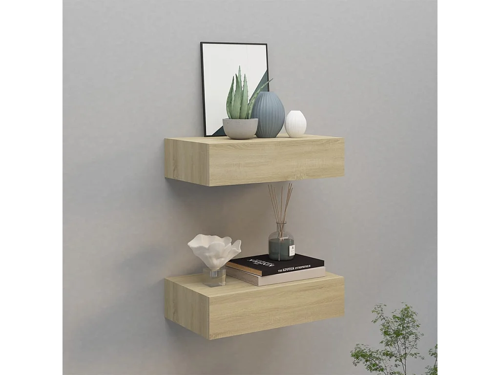 Étagères à tiroirs murales 2 pcs chêne 40x23,5x10 cm MDF OFR44327 BonneVie Meuble