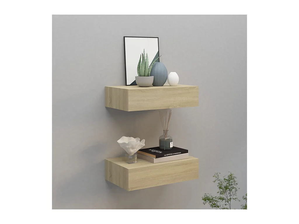 Étagères à tiroirs murales 2 pcs chêne 40x23,5x10 cm MDF OFR44327 BonneVie Meuble