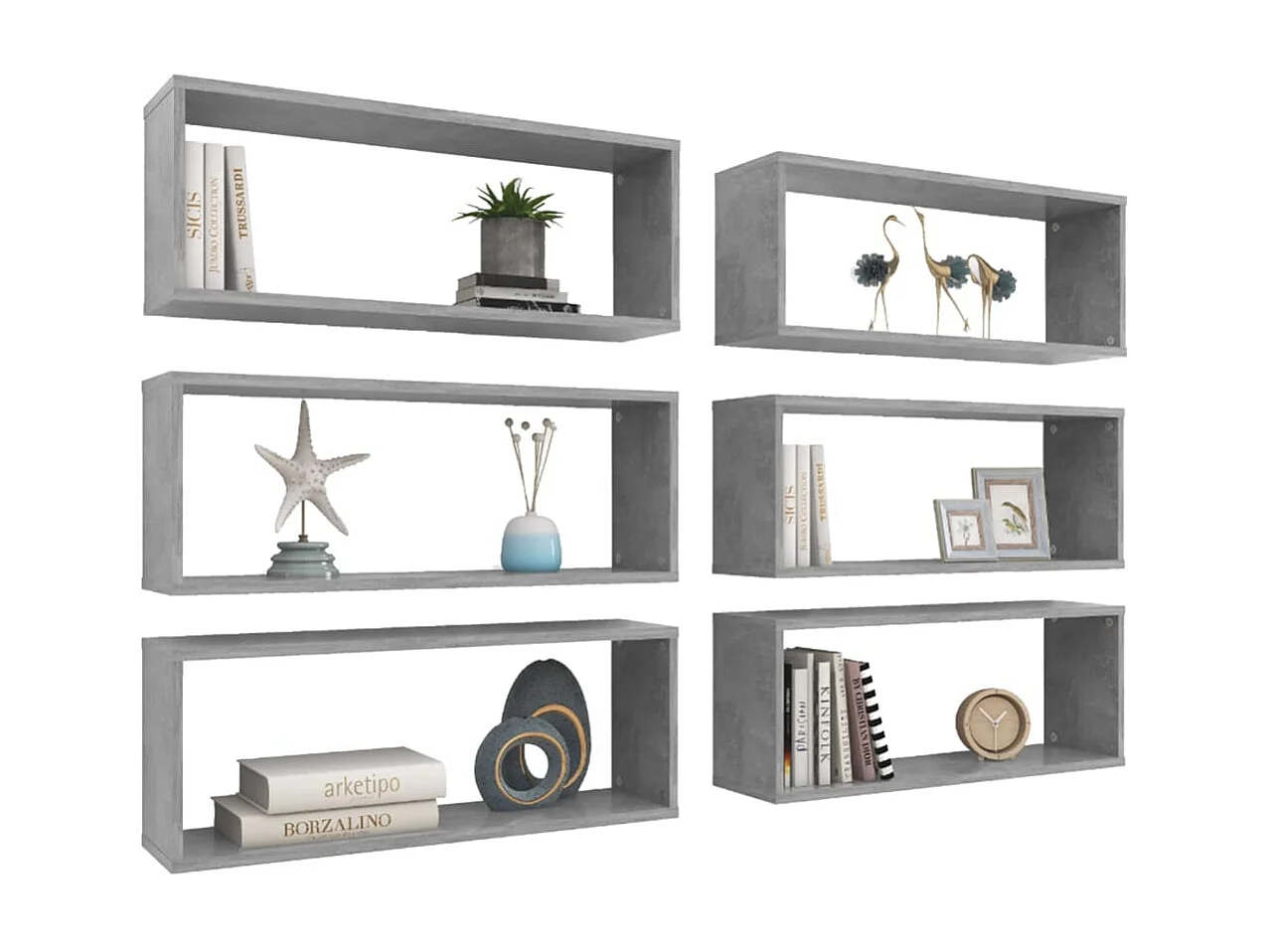 Estante cubo pared 6 uds contrachapado gris hormigón 60x15x23cm ES48493