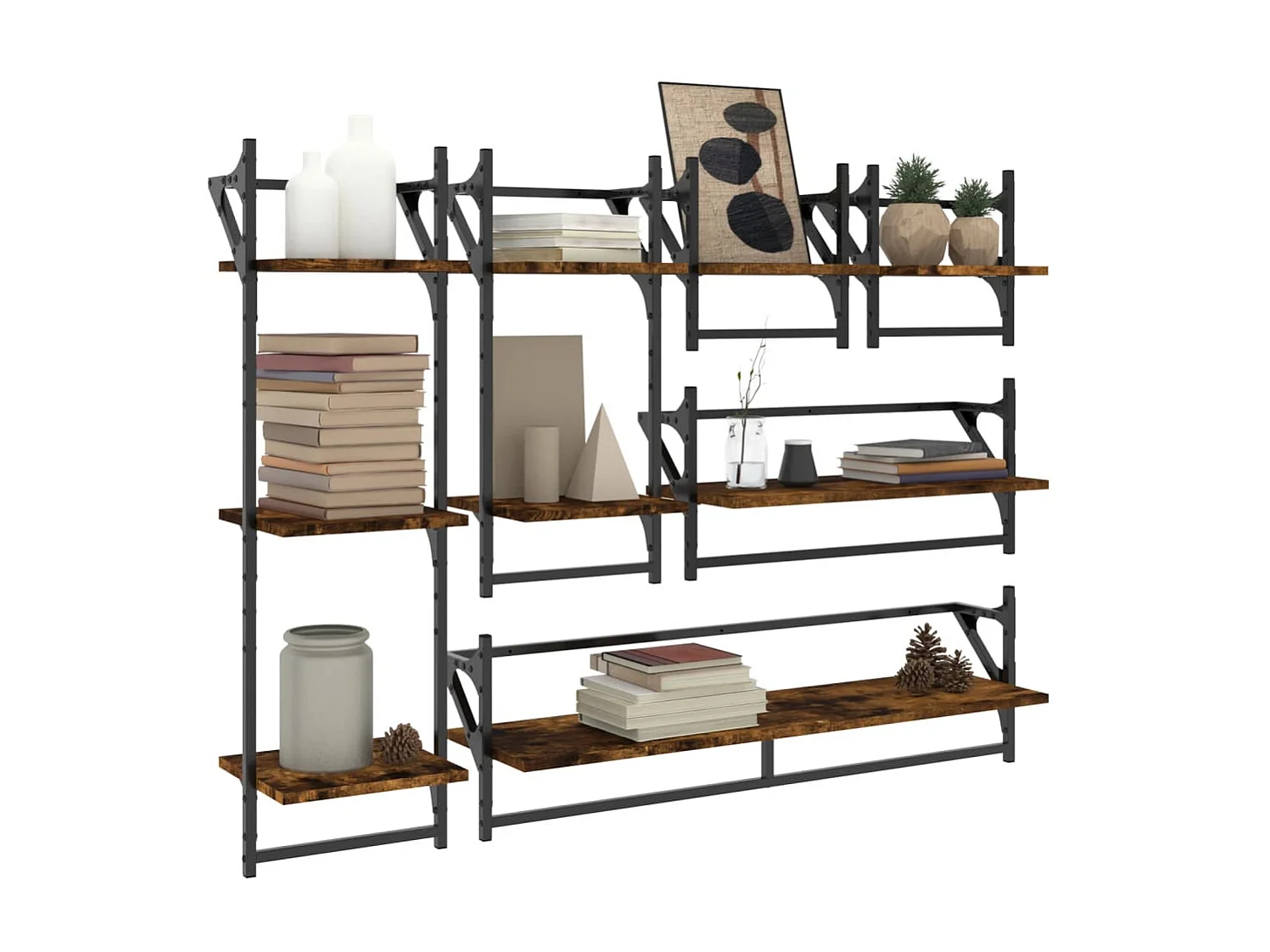 Ensemble d'étagères murales avec barres 6 pcs chêne fumé OFR39986 BonneVie Meuble