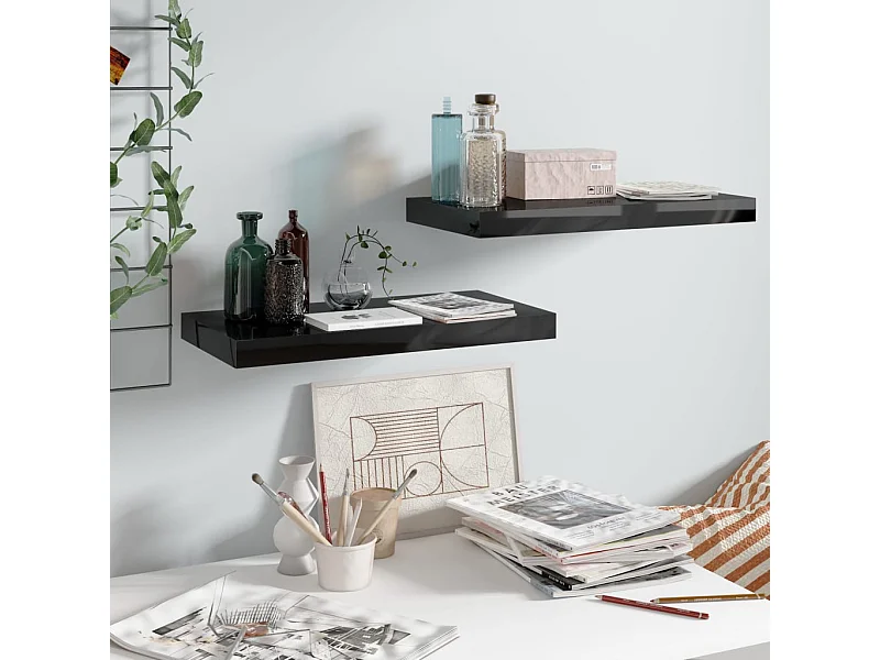 Estante de pared de pared 2 uds MDF negro brillo 50x23x3,8 cm ES25064