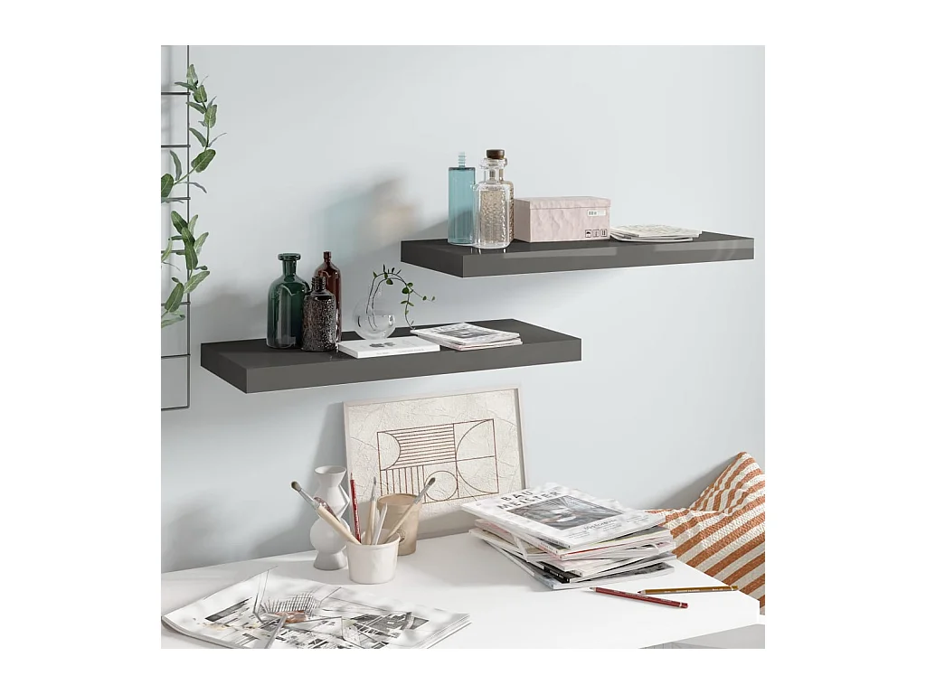 Étagère murale murale 2 pcs Gris brillant 60x23,5x3,8 cm MDF OFR80493 BonneVie Meuble