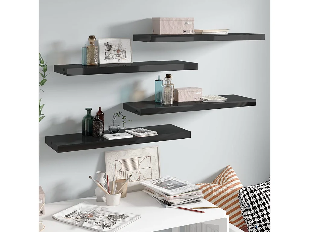 Prateleiras de parede suspensas 4 pcs 80x23,5x3,8cm MDF preto PT848394