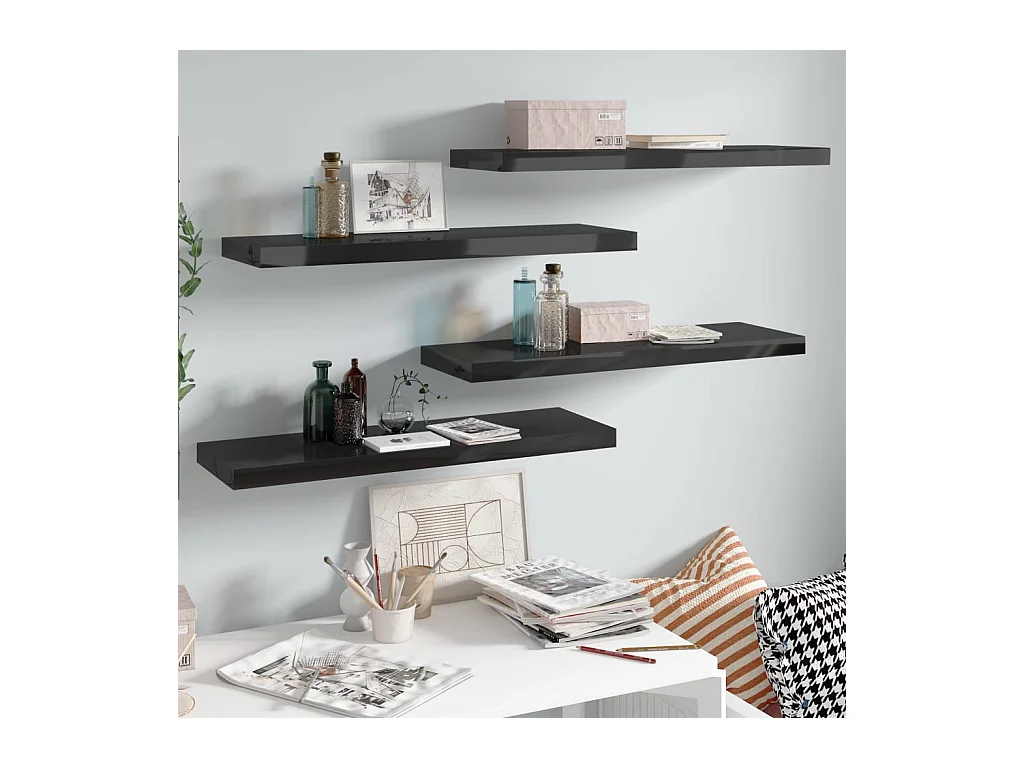 Étagère murale murale 4 pcs Noir brillant 80x23,5x3,8 cm MDF OFR14674 BonneVie Meuble