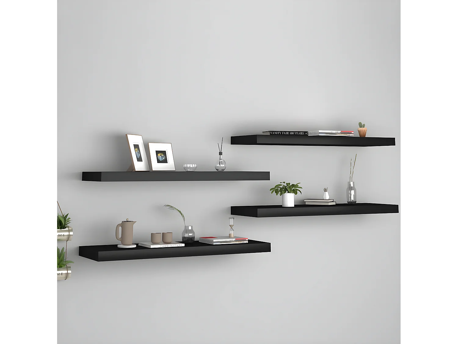 Estantes de pared de pared 4 uds MDF negro 80x23,5x3,8 cm ES70023