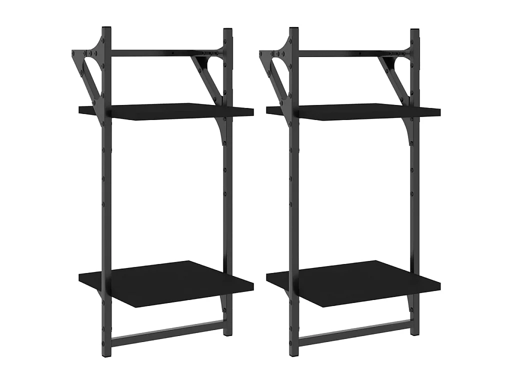 Wandschappen 2-laags met stangen 2 st 30x25x65 cm zwart NL729853