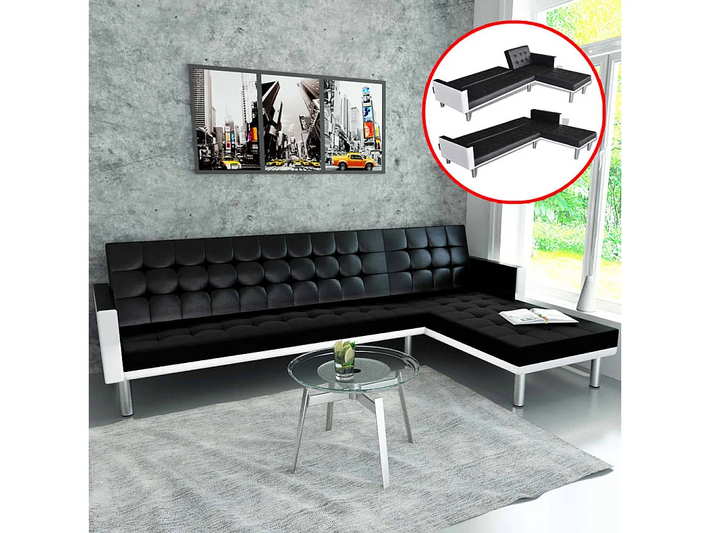Canapé convertible d'angle Cuir synthétique Noir LODW44862