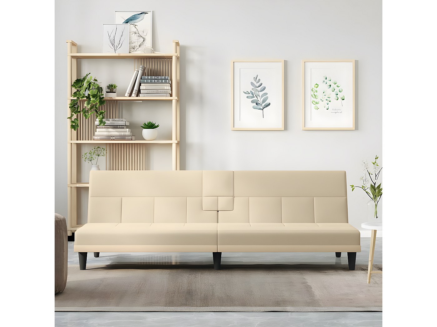 Canapé Convertible 4 Places En U - Velours Côtelé Beige - Avec 2 Repose-pieds Rangement, Ports USB/Type-C Et Porte-gobelets