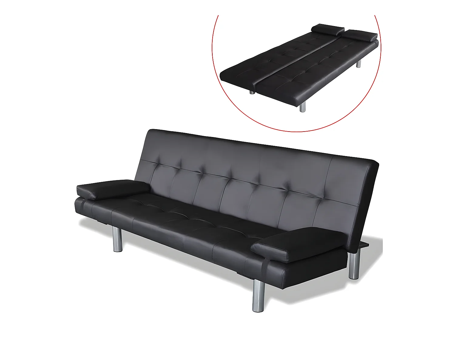 Canapé convertible réglable avec deux oreillers Similicuir Noir KFE4574