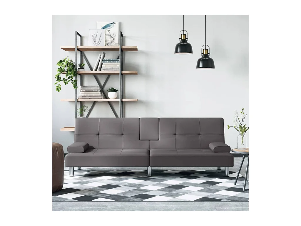 Canapé convertible avec porte-gobelets gris similicuir KFE6005