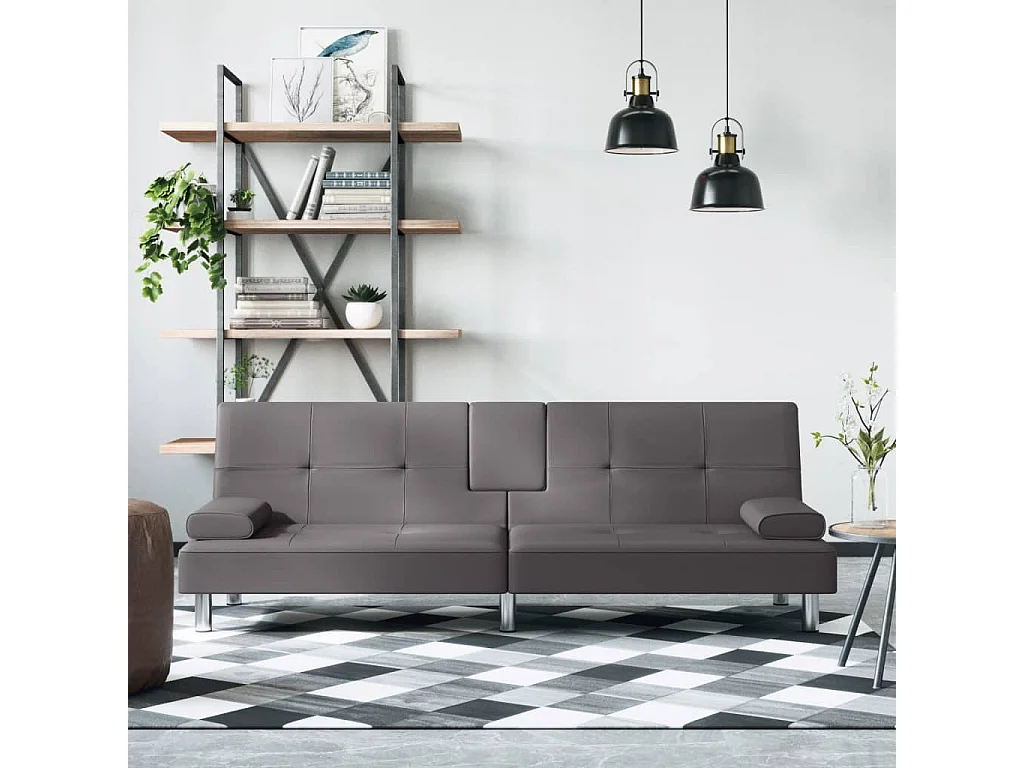Canapé convertible avec porte-gobelets gris similicuir KFE6005