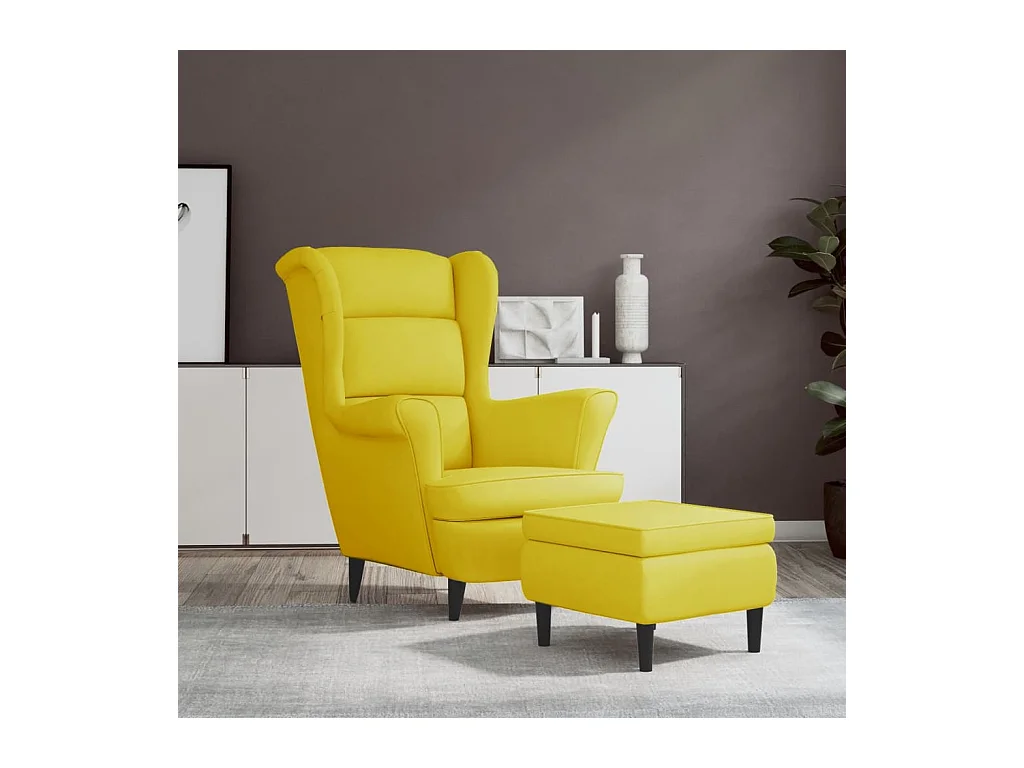 Fauteuil à oreilles avec tabouret jaune moutarde velours SEF71350