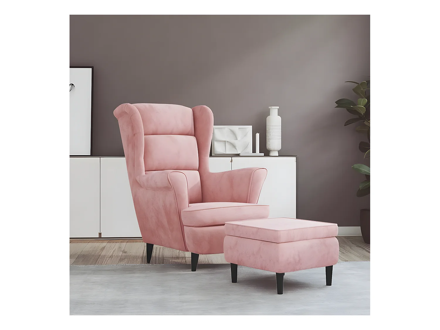 Fauteuil à oreilles avec tabouret rose velours SEF89836
