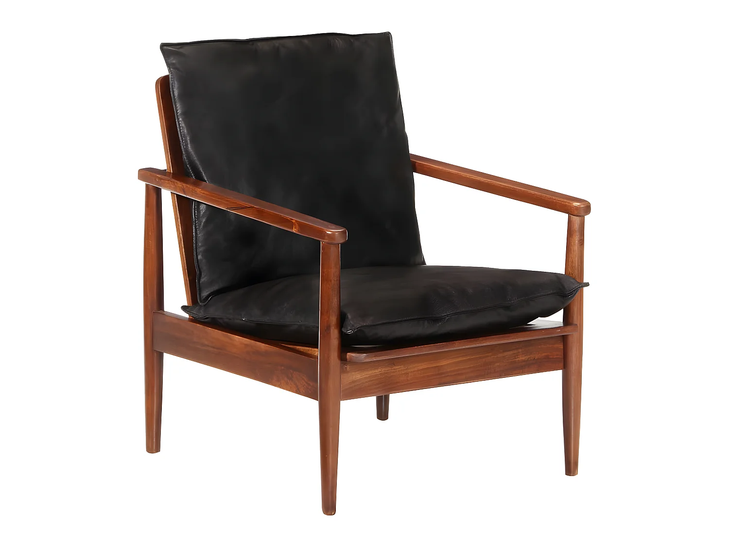 Fauteuil droit noir cuir véritable et bois d'acacia solide SEF36616