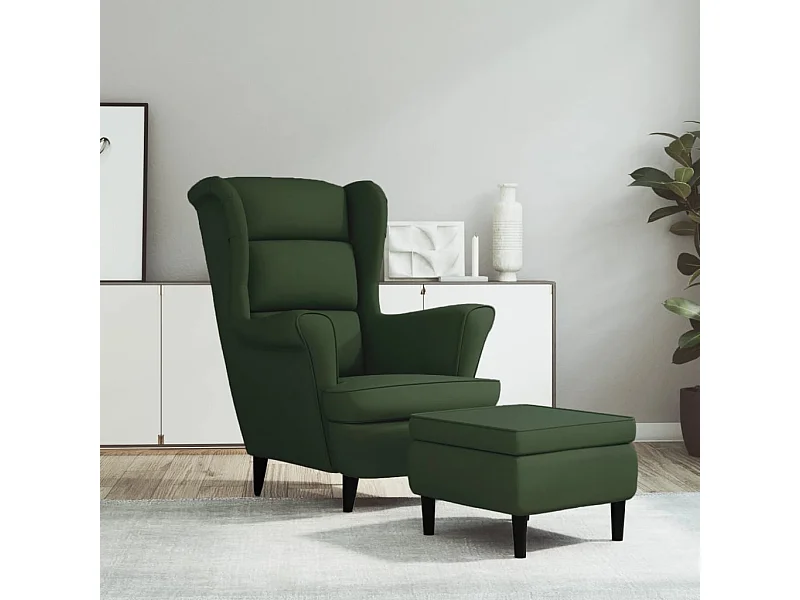 Fauteuil à oreilles avec tabouret vert foncé velours FVBB39096
