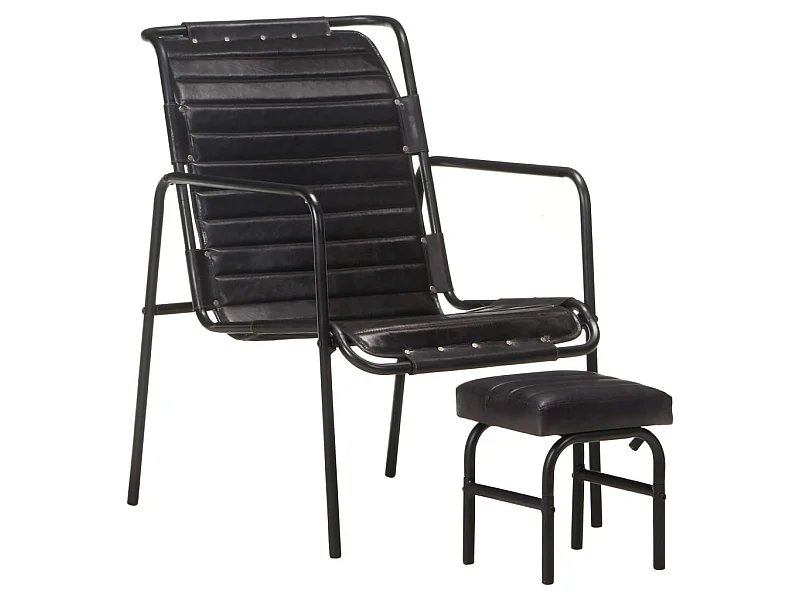Silla de relax reposabrazos y reposapiés cuero auténtico negro ES82656
