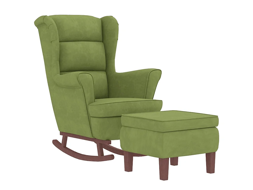 Sillón mecedora patas madera y taburete terciopelo verde claro ES72548