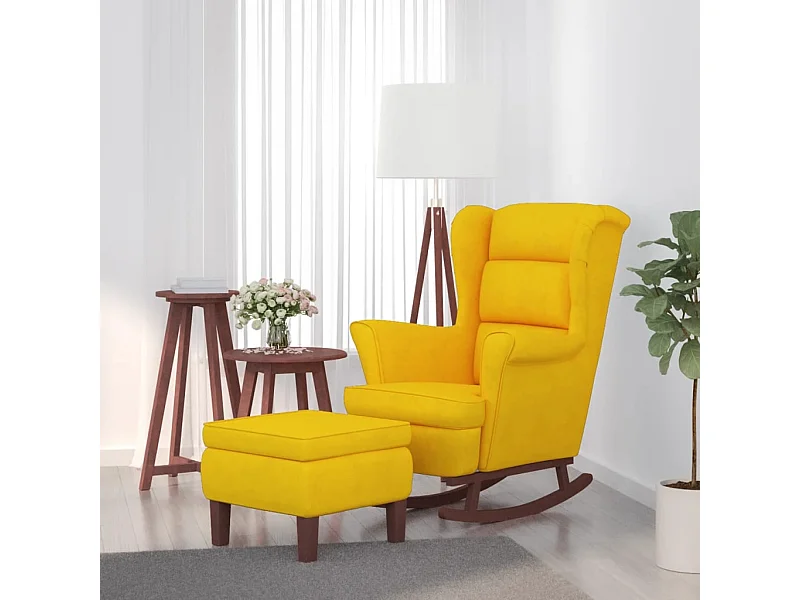 Fauteuil à bascule avec pieds en bois et tabouret Jaune Velours BE7220