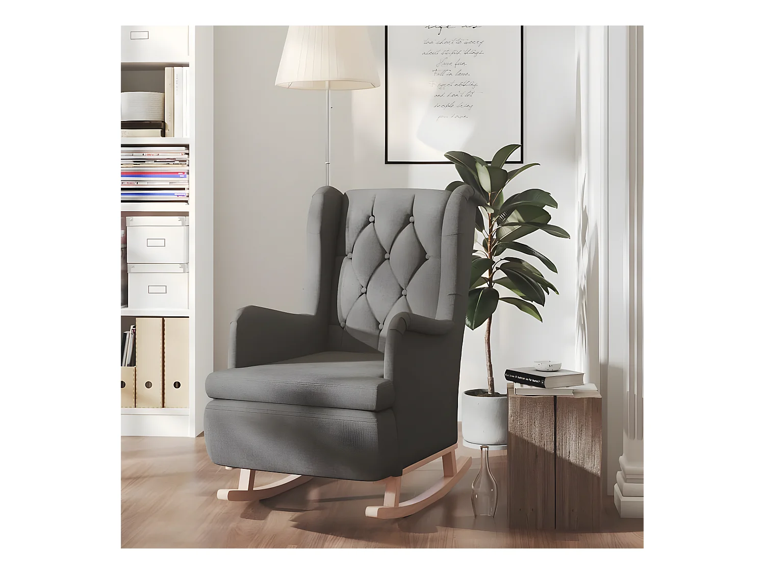 Fauteuil avec pieds à bascule en bois d'hévéa gris foncé Tissu BE36501