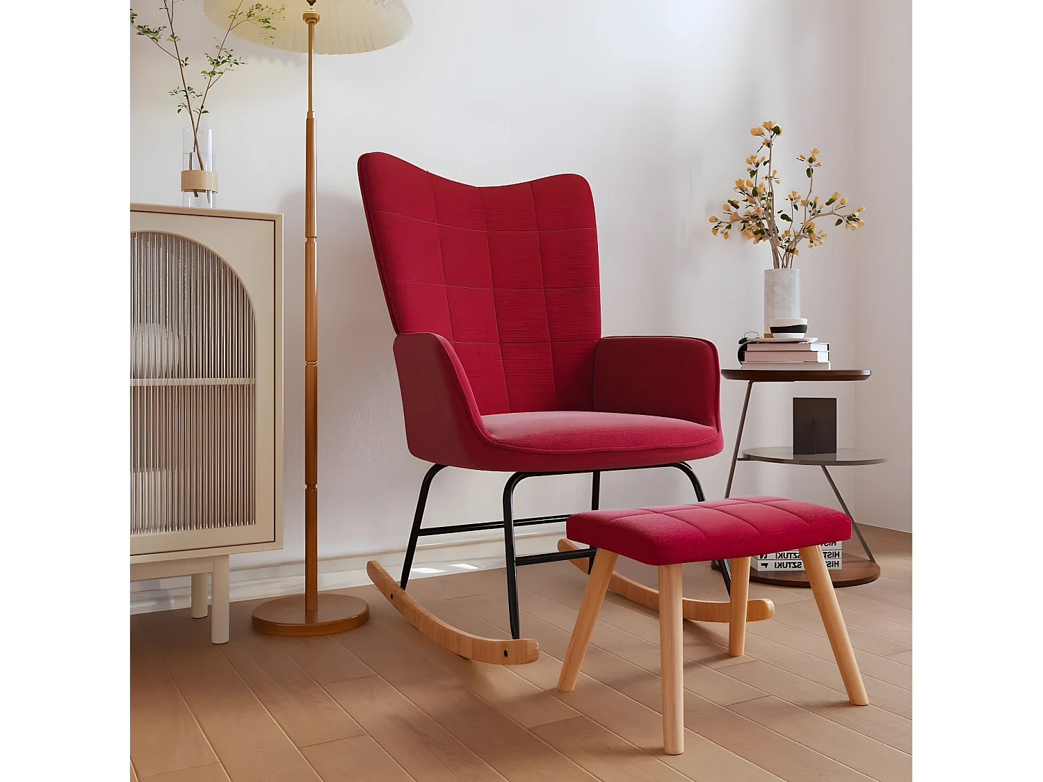 Fauteuil à bascule avec tabouret Rouge bordeaux Tissu BE81450