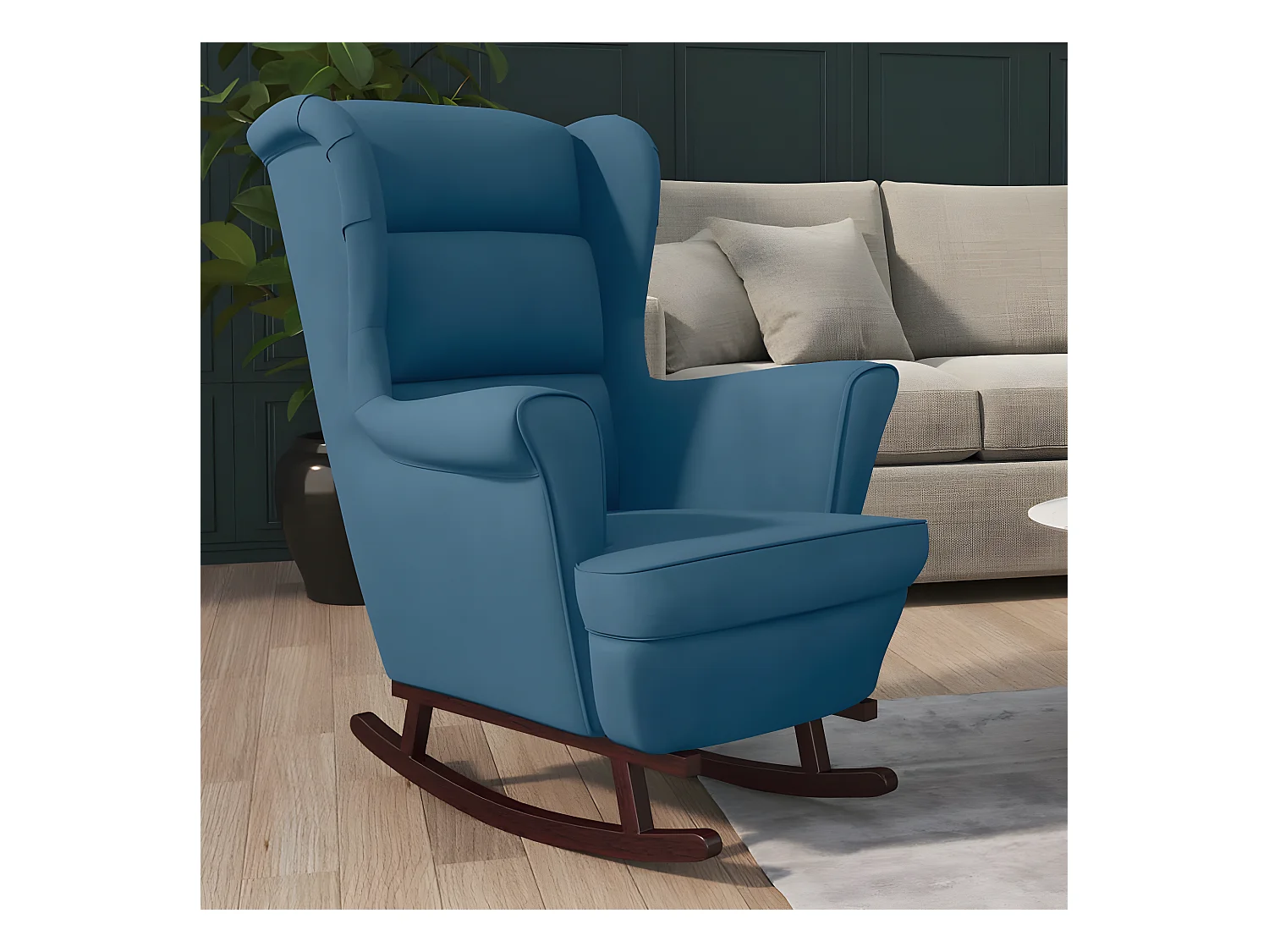 Fauteuil à bascule et pieds en bois massif d'hévéa Bleu Velours BE2740