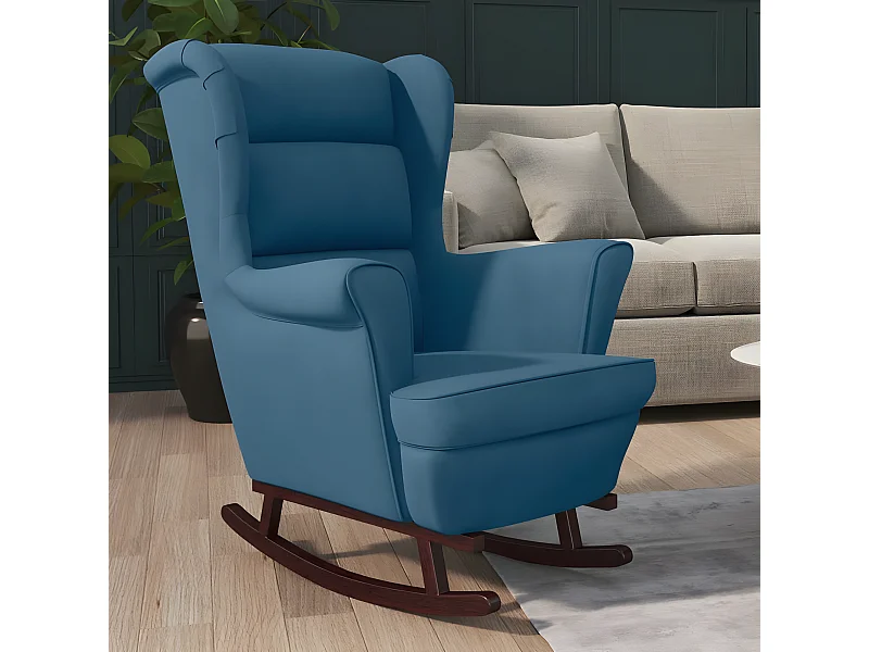 Fauteuil à bascule et pieds en bois massif d'hévéa Bleu Velours BE2740