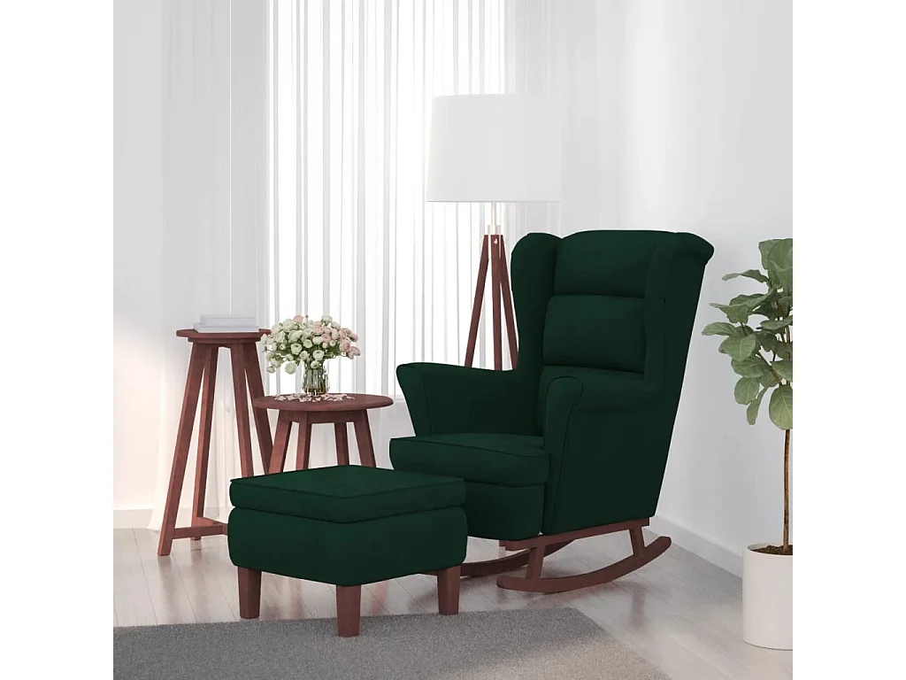 Sillón mecedora patas madera y taburete terciopelo verde oscuro ES20519